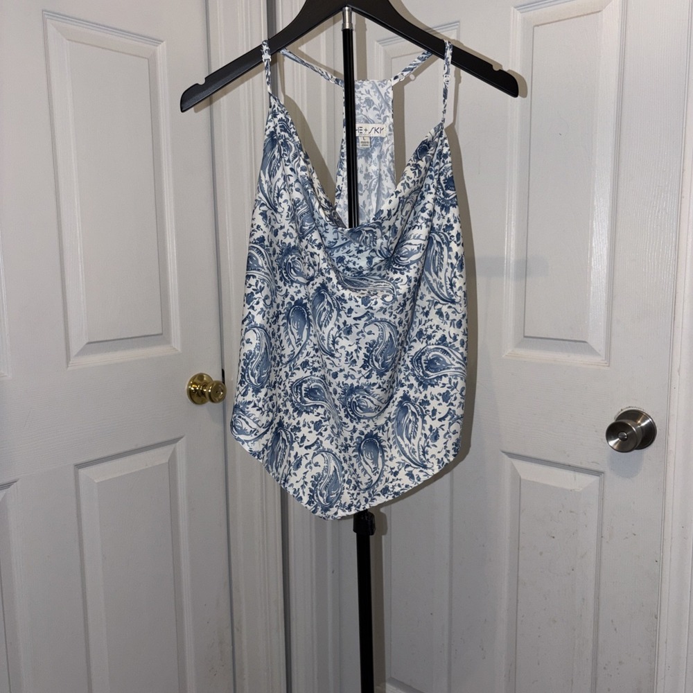 She + Sky Blue Paisley Cowl Neck Racerback Tank Large Satin Like Breezy Coastal